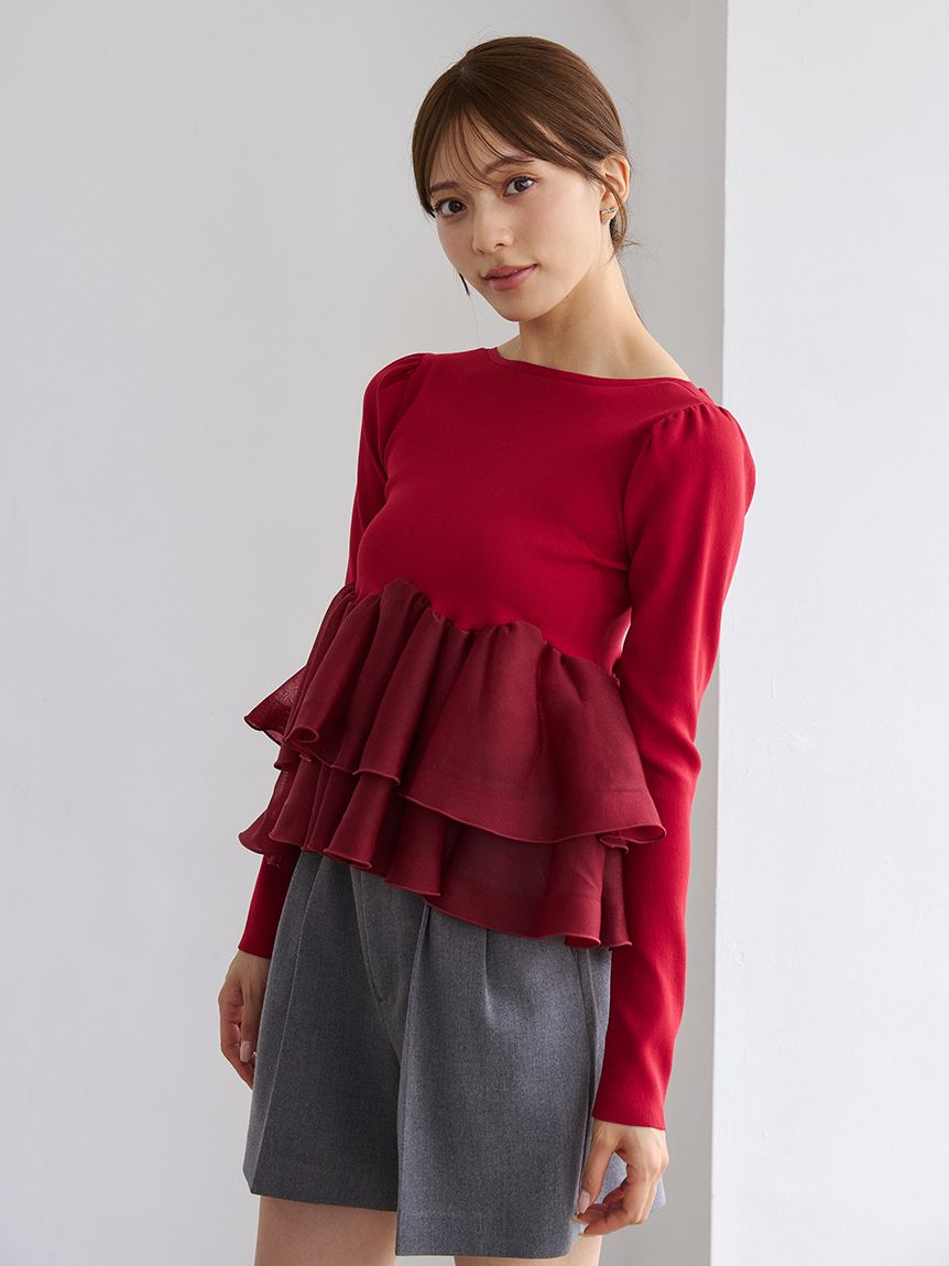 ラッフルペプラムニットプルオーバー(ニットプルオーバー)｜TOPS
