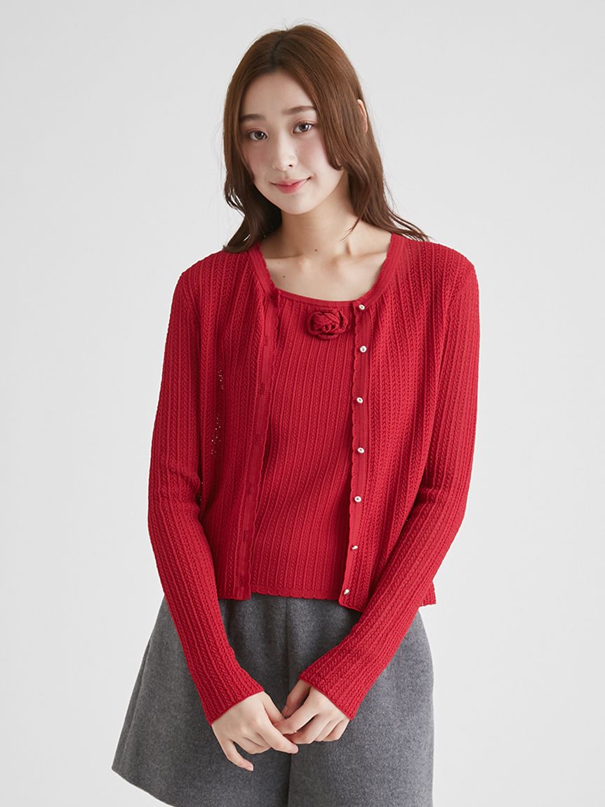 フラワーモチーフ透かし編みツインセット(ニットプルオーバー)｜TOPS