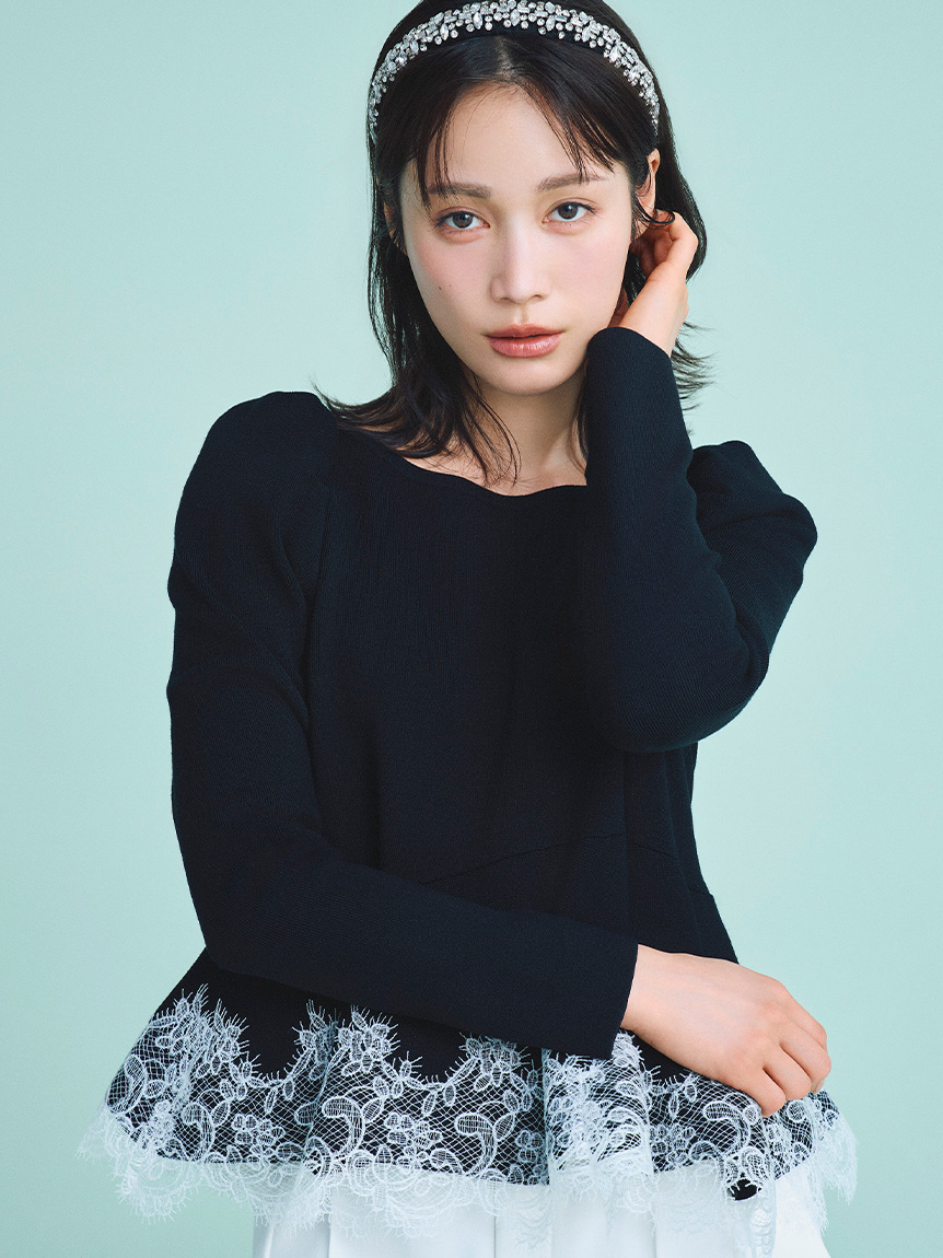 WEB限定カラー】レーストリムペプラムニット(ニット・セーター)｜TOPS