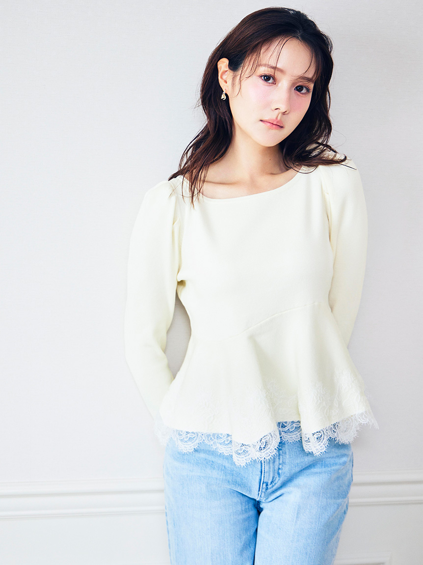 WEB限定カラー】レーストリムペプラムニット(ニット・セーター)｜TOPS
