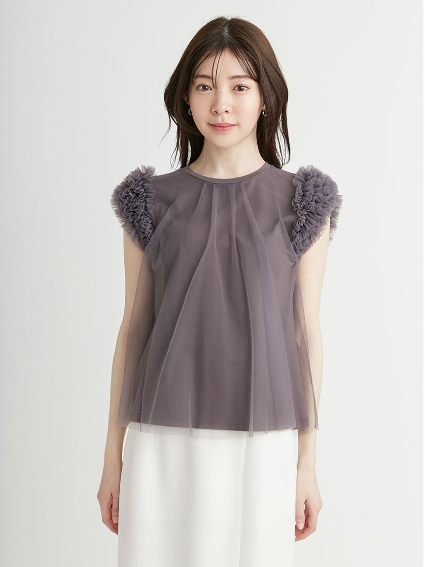 チュールスリーブレイヤードカットソー(カットソー)｜TOPS