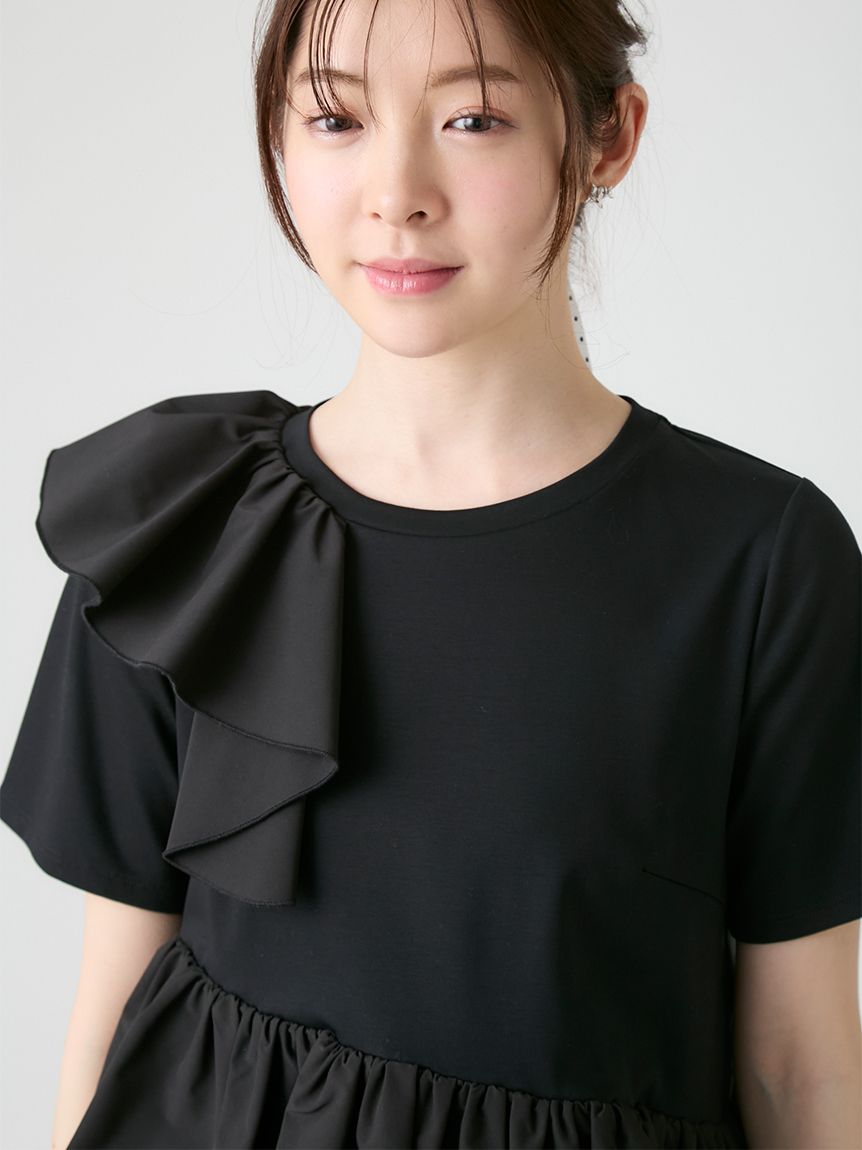 慈雨 アシンメトリー ノースリーブ カットソー チュニック ドッキング ドット柄 アシンメトリーカットチュニック(カットソー)｜TOPS（トップス