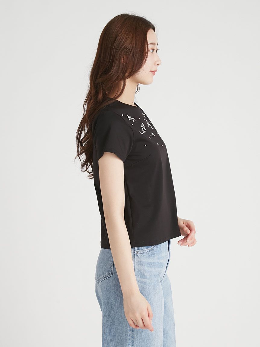 洗える】フラワービジューTシャツ(Tシャツ・カットソー)｜TOPS