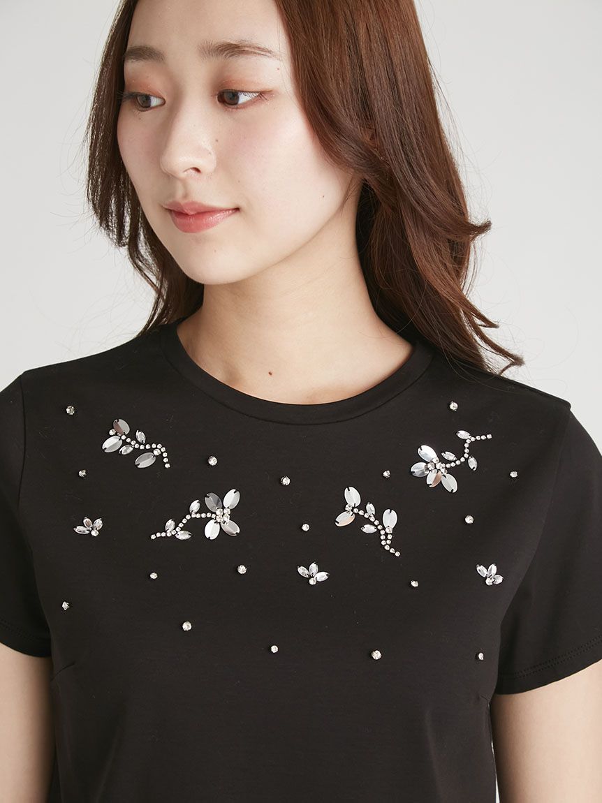 洗える】フラワービジューTシャツ(Tシャツ・カットソー)｜TOPS