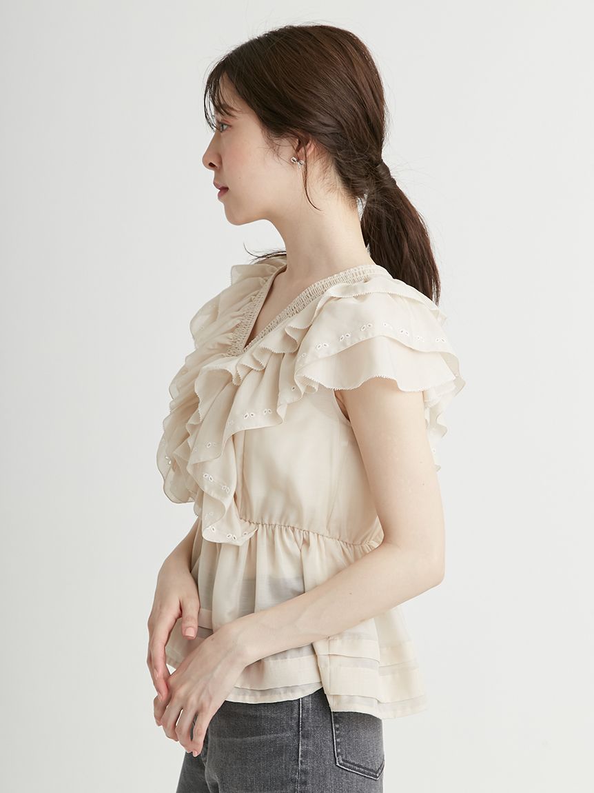 エンブロイダリーティアードフリルブラウス(カットソー)｜TOPS