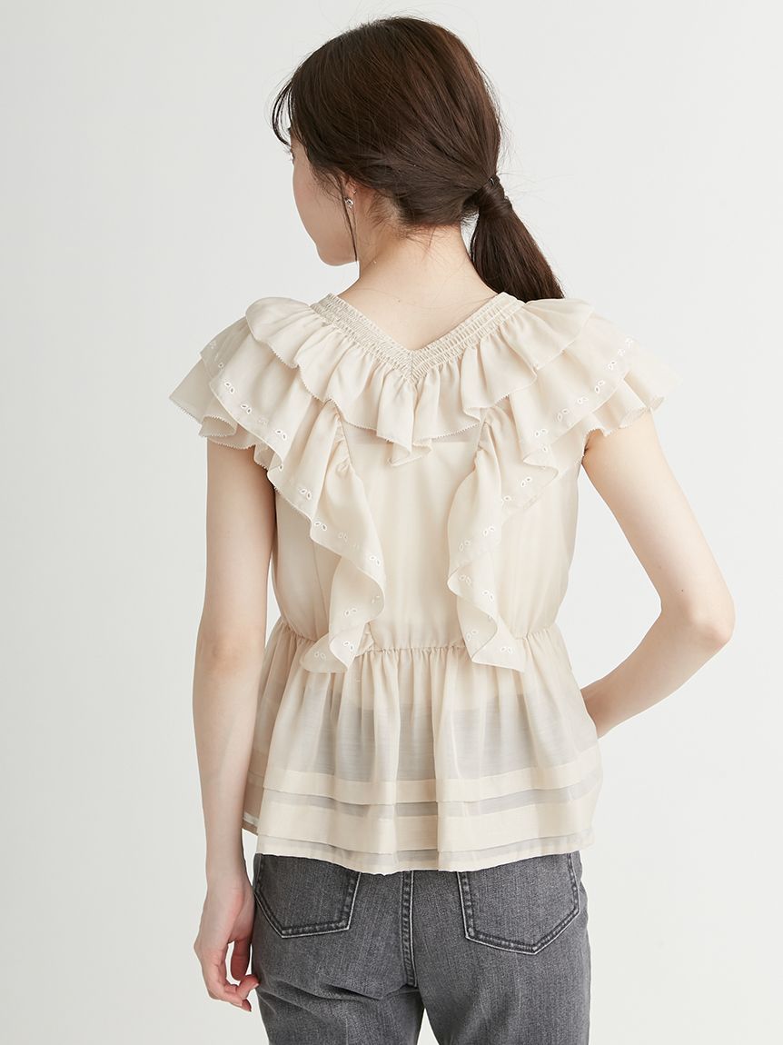 エンブロイダリーティアードフリルブラウス(カットソー)｜TOPS