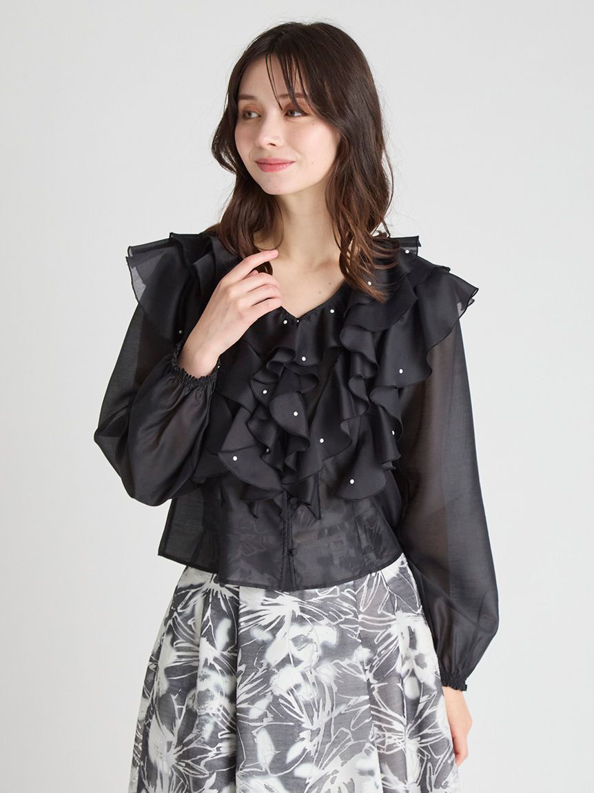 HANAE MORI×CELFORDコラボ】 パール付きフリルブラウス(ブラウス