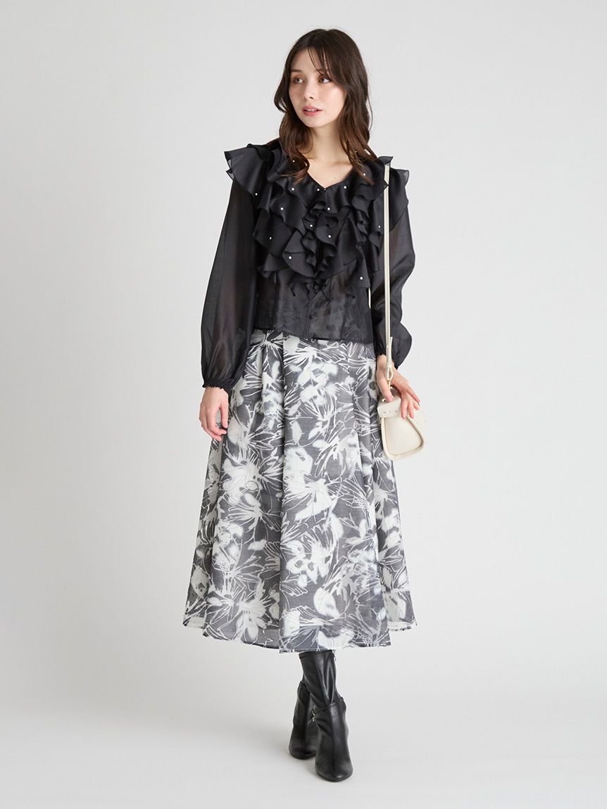 CELFORD HANAE MORIコラボ パール付きフリルブラウス HANAE MORI×CELFORDコラボ】 パール付きフリルブラウス(ブラウス