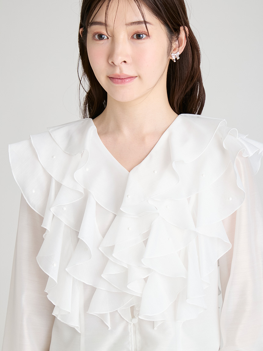 セルフォード　HANAE MORI ヨークフリルブラウス HANAE MORI×CELFORDコラボ】 パール付きフリルブラウス(ブラウス