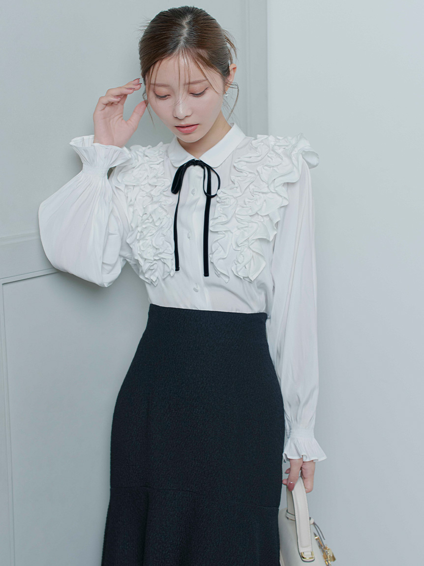 ウォッシャブル】フリルヨークシャツカラーブラウス(ブラウス