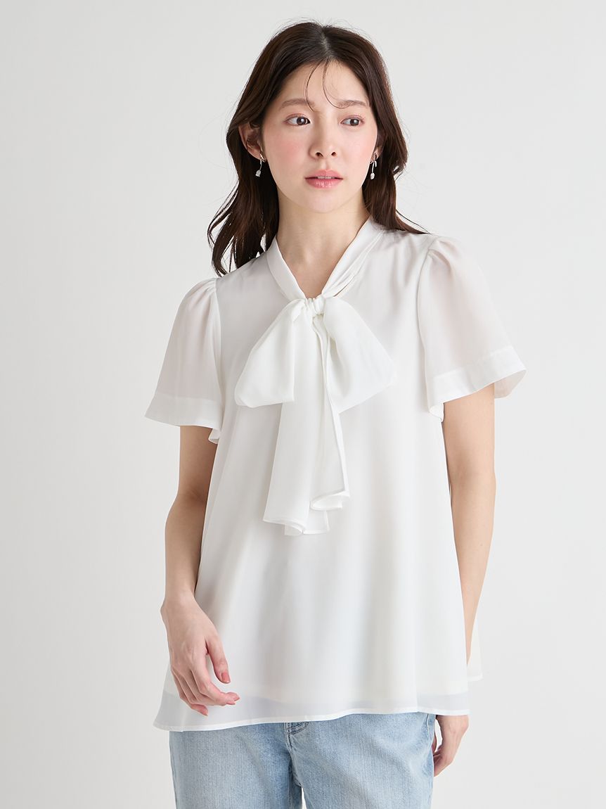 洗える】ボウタイリボンハーフスリーブブラウス(ブラウス・シャツ