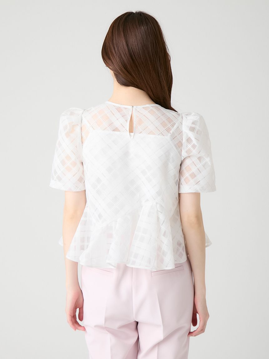 洗える】シアーチェックペプラムトップス(ブラウス・シャツ)｜TOPS