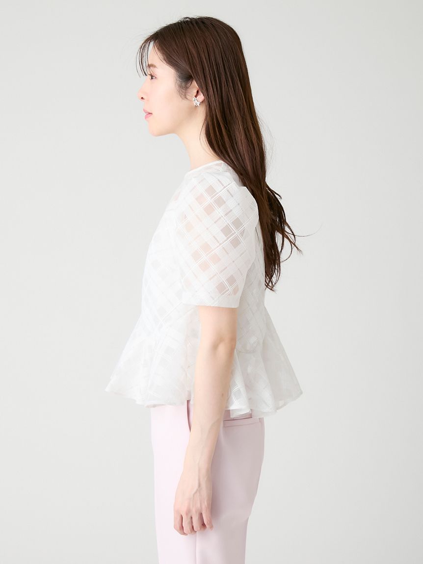 洗える】シアーチェックペプラムトップス(ブラウス・シャツ)｜TOPS