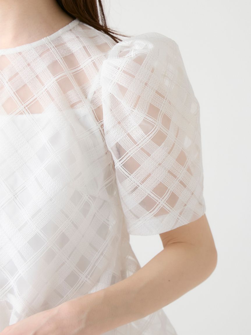 洗える】シアーチェックペプラムトップス(ブラウス・シャツ)｜TOPS