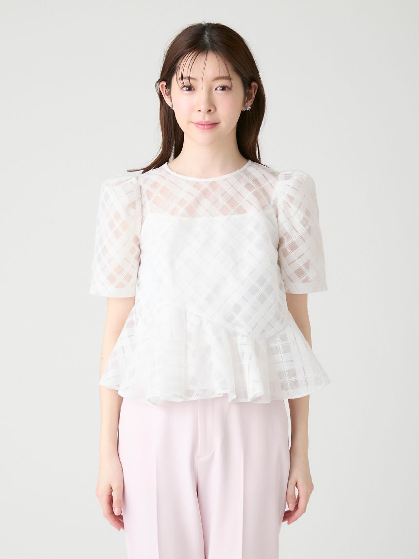洗える】シアーチェックペプラムトップス(ブラウス・シャツ)｜TOPS
