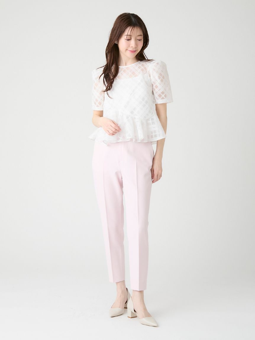 洗える】シアーチェックペプラムトップス(ブラウス・シャツ)｜TOPS