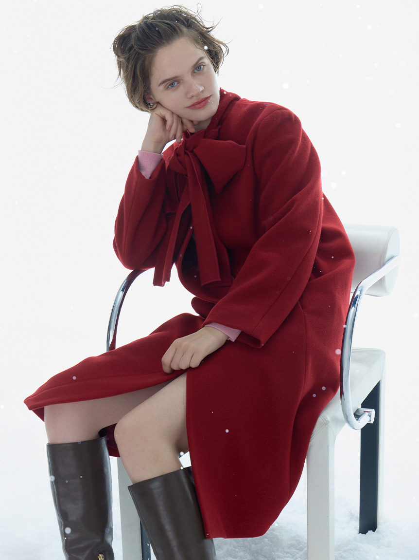 リボンストール付きノーカラーコート(コート)｜OUTER（アウター