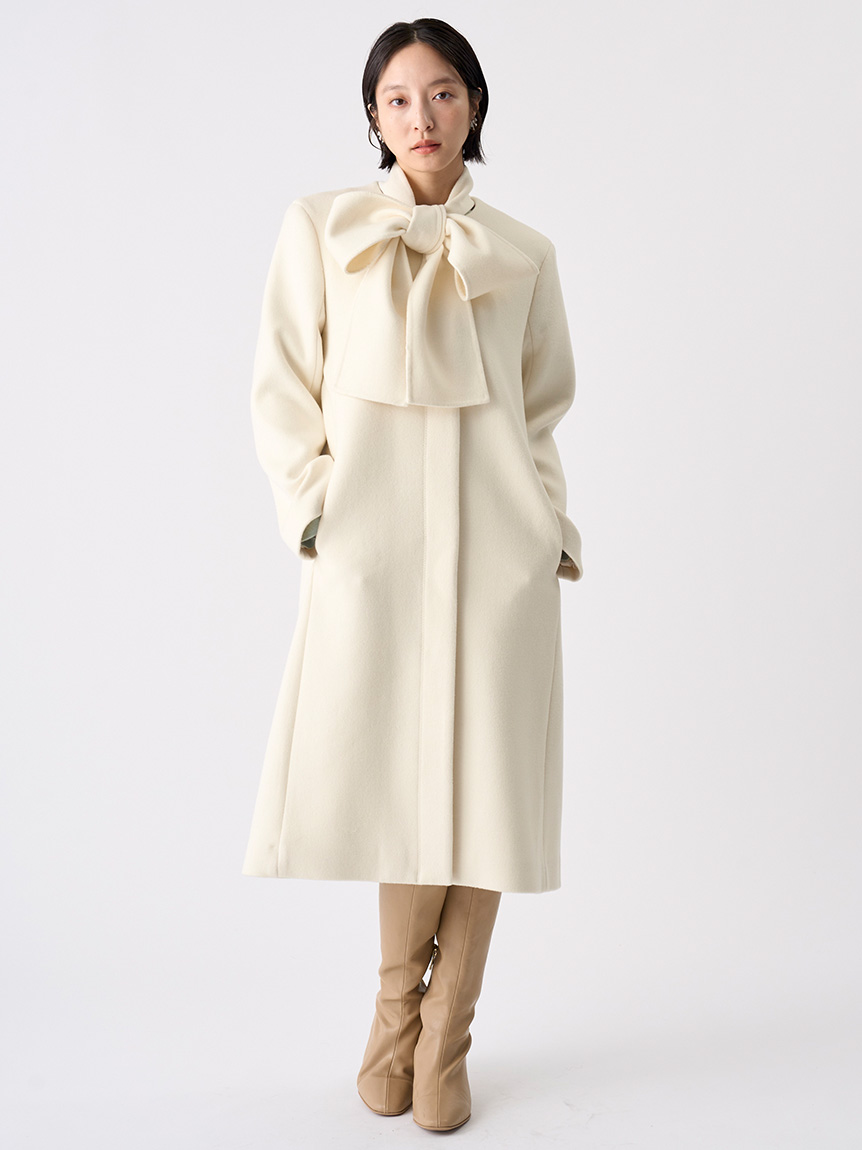 リボンストール付きノーカラーコート(コート)｜OUTER（アウター