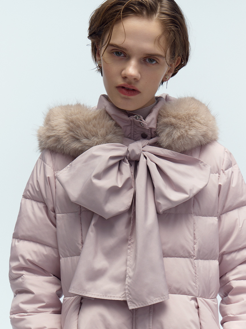 限定カラーあり】フードリボンロングダウンコート(コート