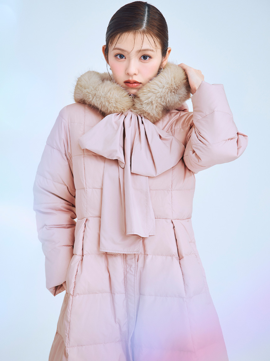 限定カラーあり】フードリボンロングダウンコート(コート