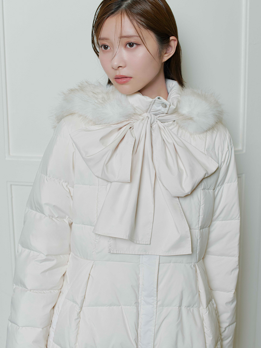 限定カラーあり】フードリボンロングダウンコート(コート