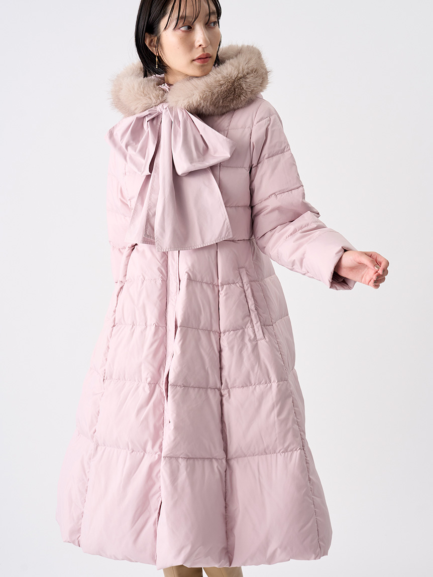 限定カラーあり】フードリボンロングダウンコート(コート
