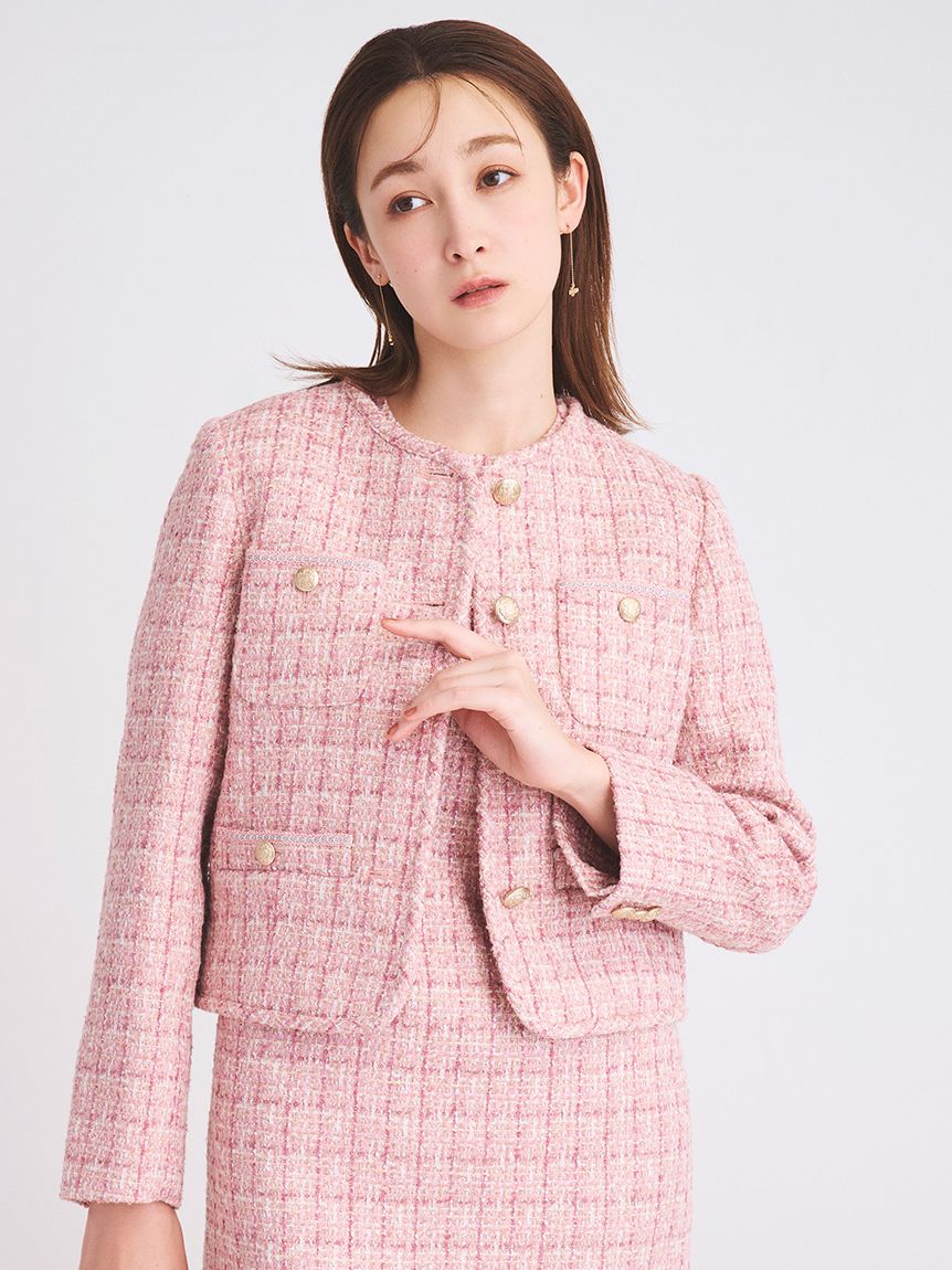 最終値下げ新品タグ付2025年♡CHIFFORD ノーカラージャケット ピンク セール】 千鳥ツイードジャケット≪セットアップ対応