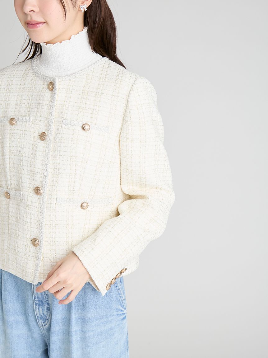 ミドル丈ノーカラーツイードジャケット(ジャケット・ブルゾン)｜OUTER
