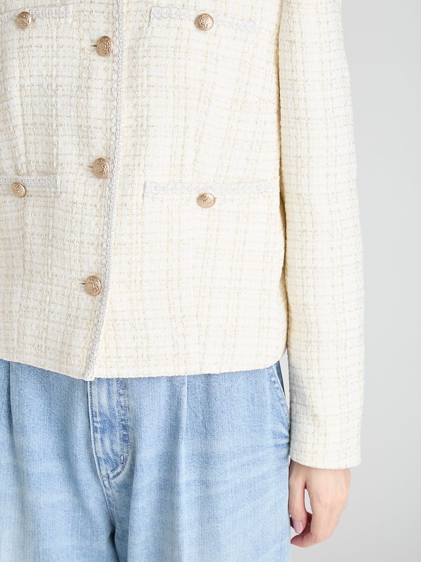 ミドル丈ノーカラーツイードジャケット(ジャケット・ブルゾン)｜OUTER