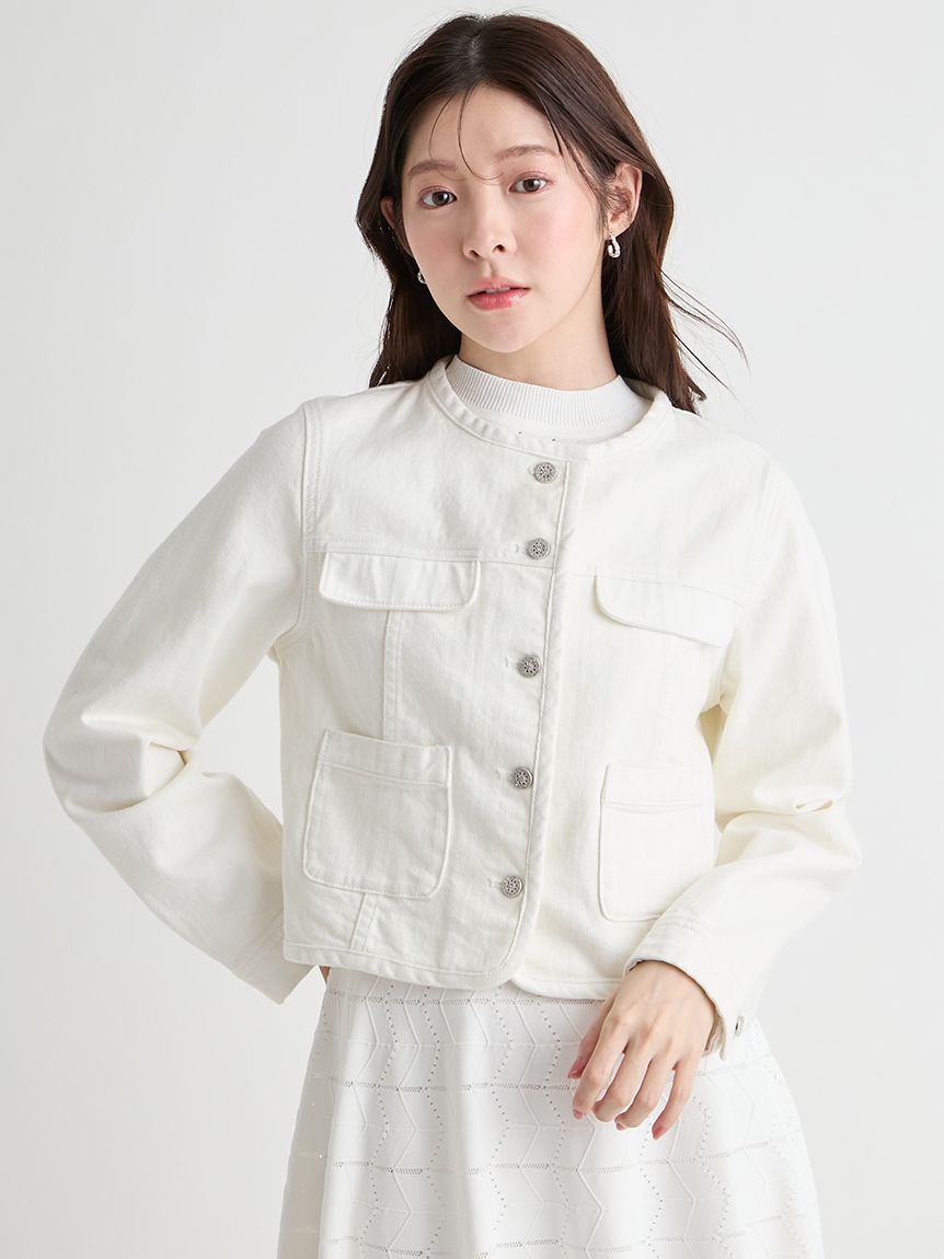 Traditional Weatherwear ノーカラー白デニムジャケット ノーカラーデニムジャケット(ジャケット・ブルゾン)｜OUTER（アウター