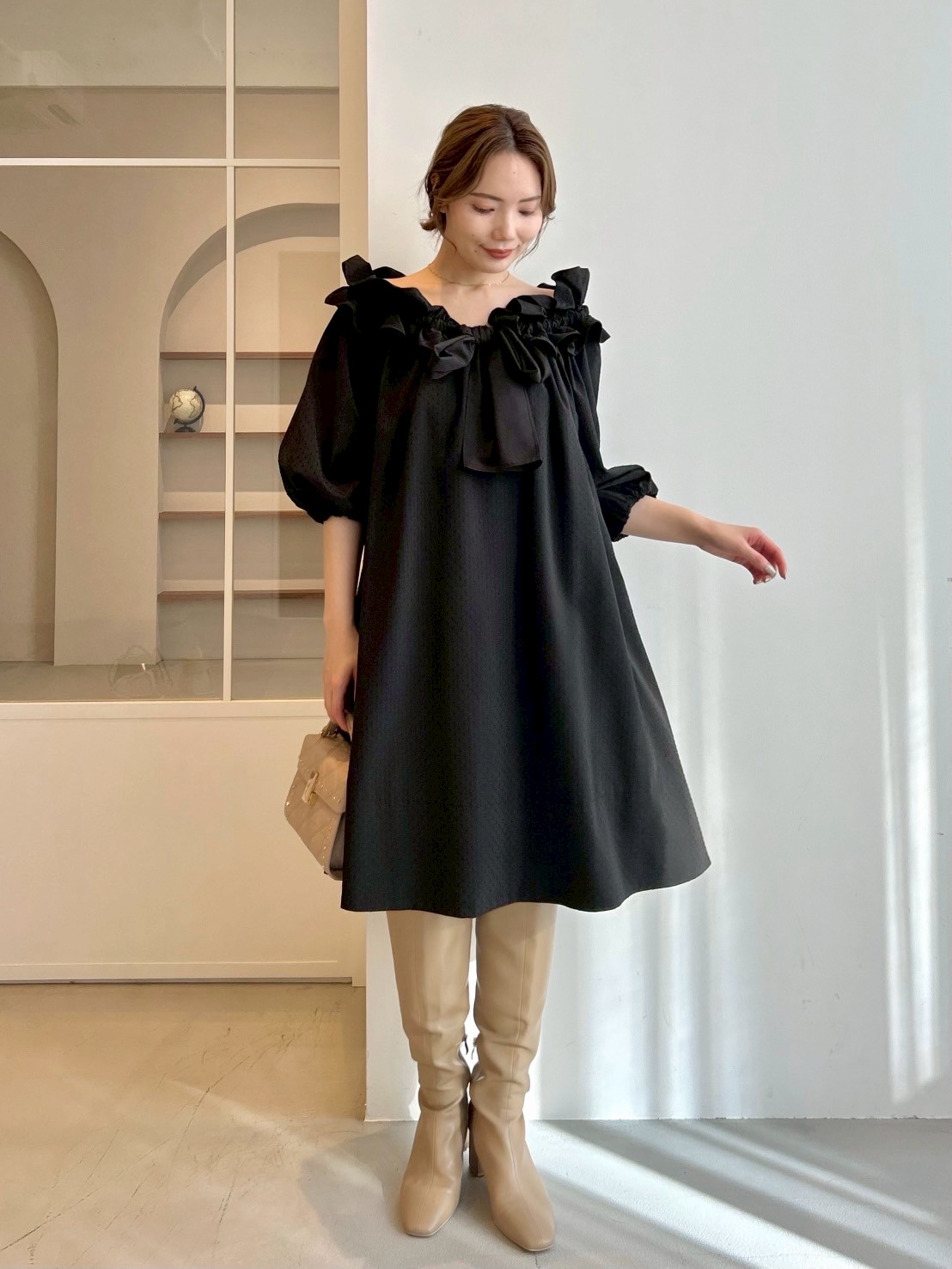 限定カラーあり】2wayリボンフリルギャザーミニワンピース(デイリー