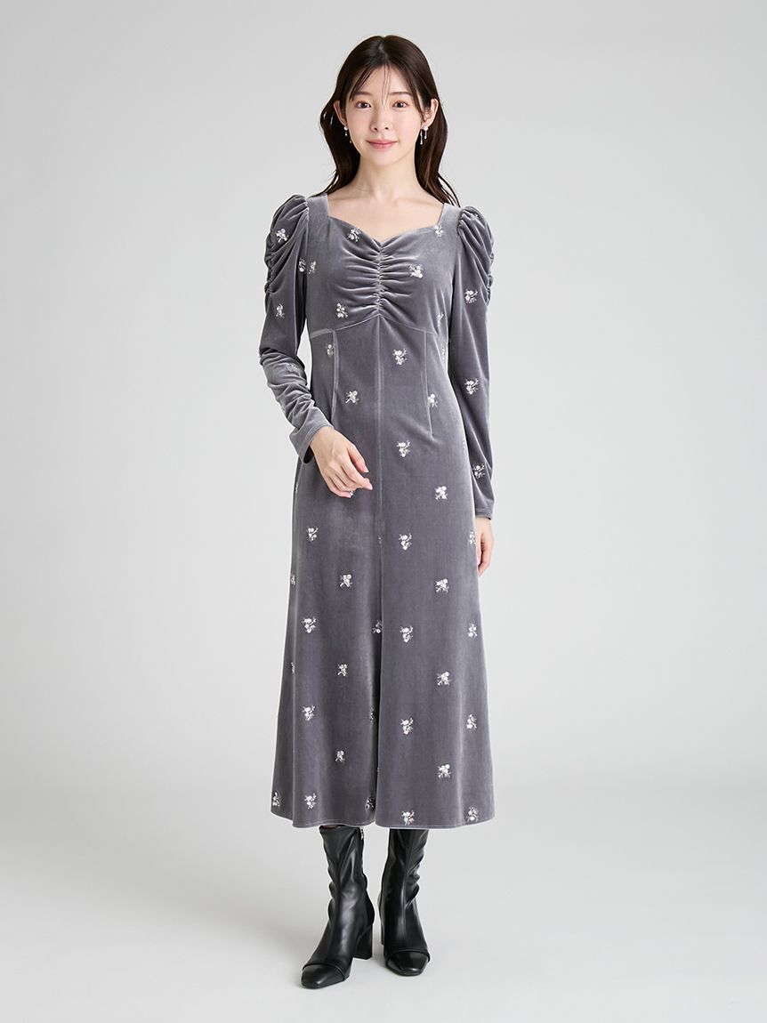花柄刺繍ベロアワンピース(デイリーワンピース)｜DRESS（ドレス