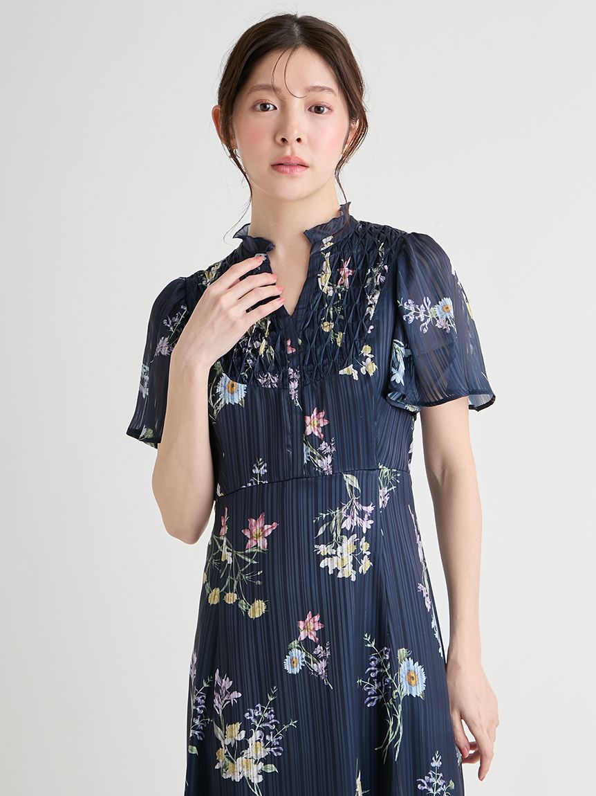 2023SS完売　ダイアグラム ボタニカルプリントプリーツワンピース セール】Flower print pleats one piece フラワープリントプリーツ