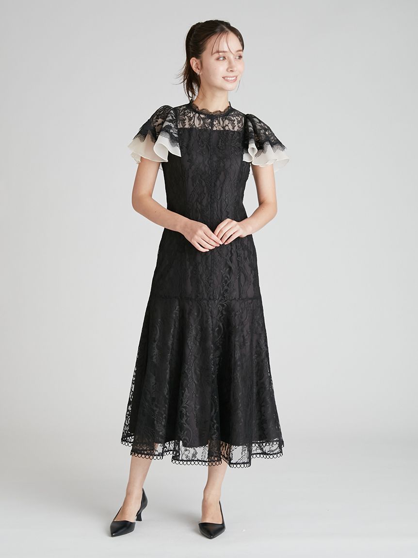 CELFORD フリルドレス ブラック 36サイズ フレアスリーブレースマーメイドドレス(オケージョンドレス)｜DRESS