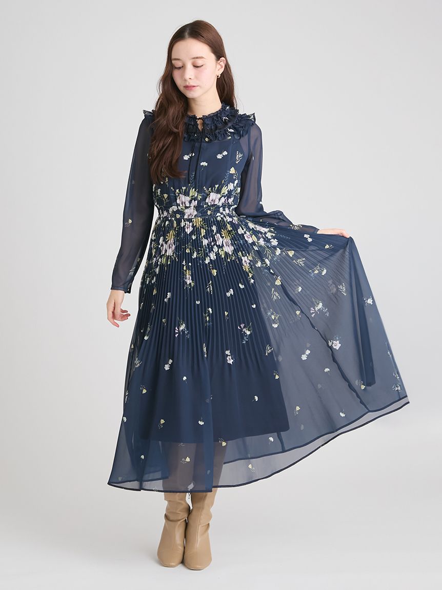 パネルフラワーレーストリムワンピース(ロングワンピース)｜DRESS