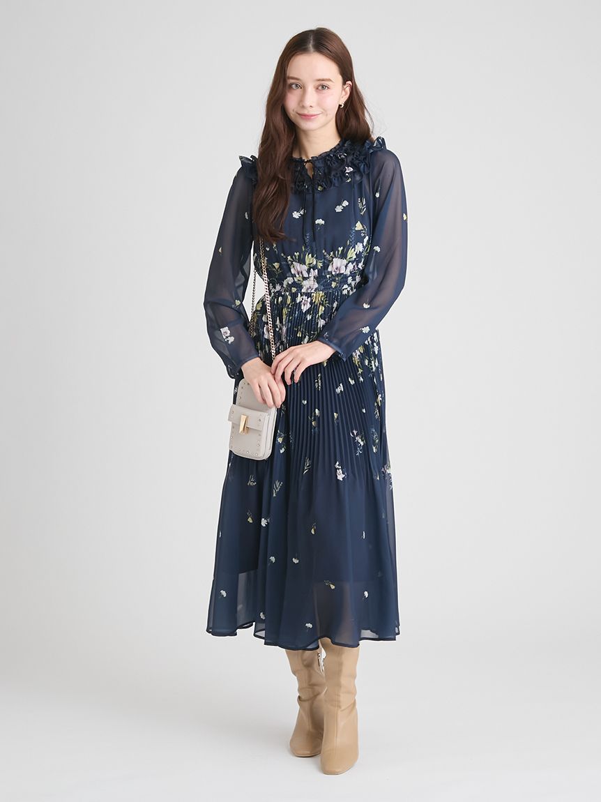パネルフラワーレーストリムワンピース(ロングワンピース)｜DRESS