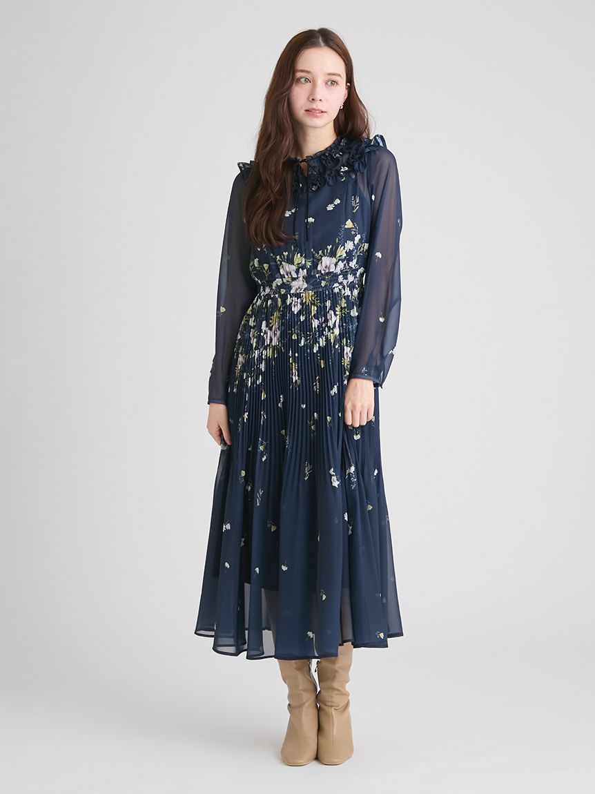パネルフラワーレーストリムワンピース(ロングワンピース)｜DRESS