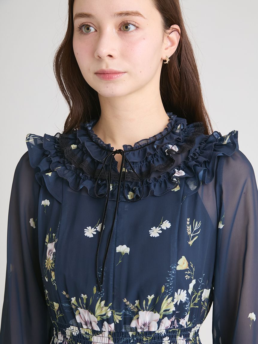 パネルフラワーレーストリムワンピース(ロングワンピース)｜DRESS