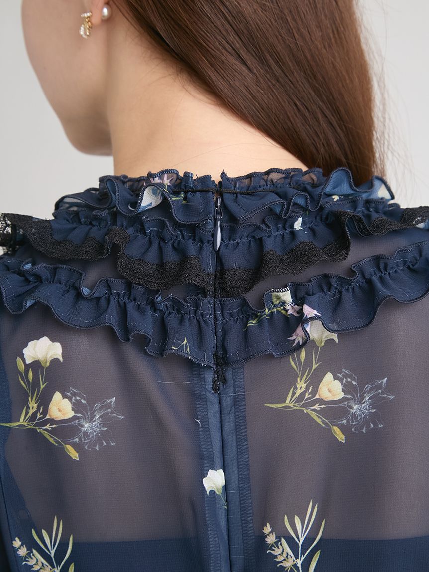 パネルフラワーレーストリムワンピース(ロングワンピース)｜DRESS