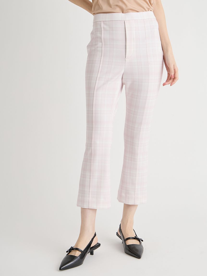 洗える】チェック柄ストレッチフレアカプリパンツ(ロングパンツ