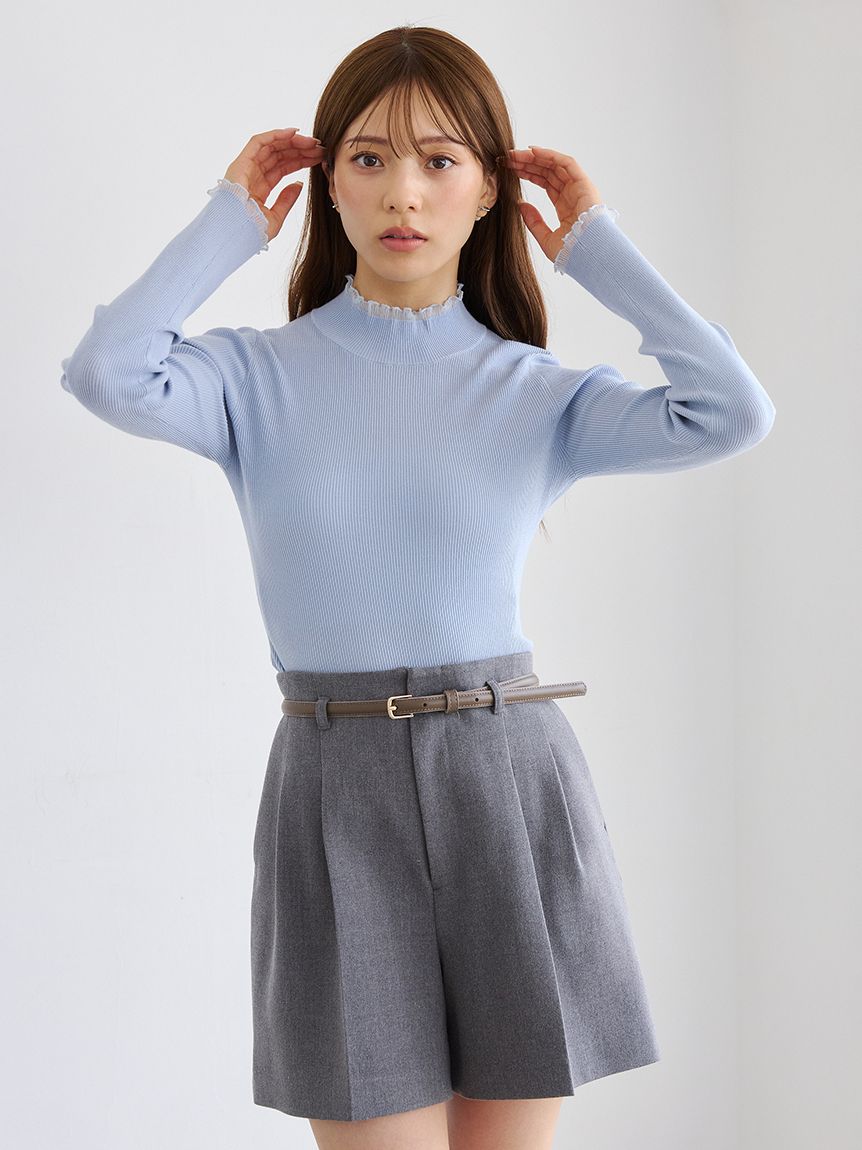洗える】【セットアップ対応】ベルト付きタックショートパンツ