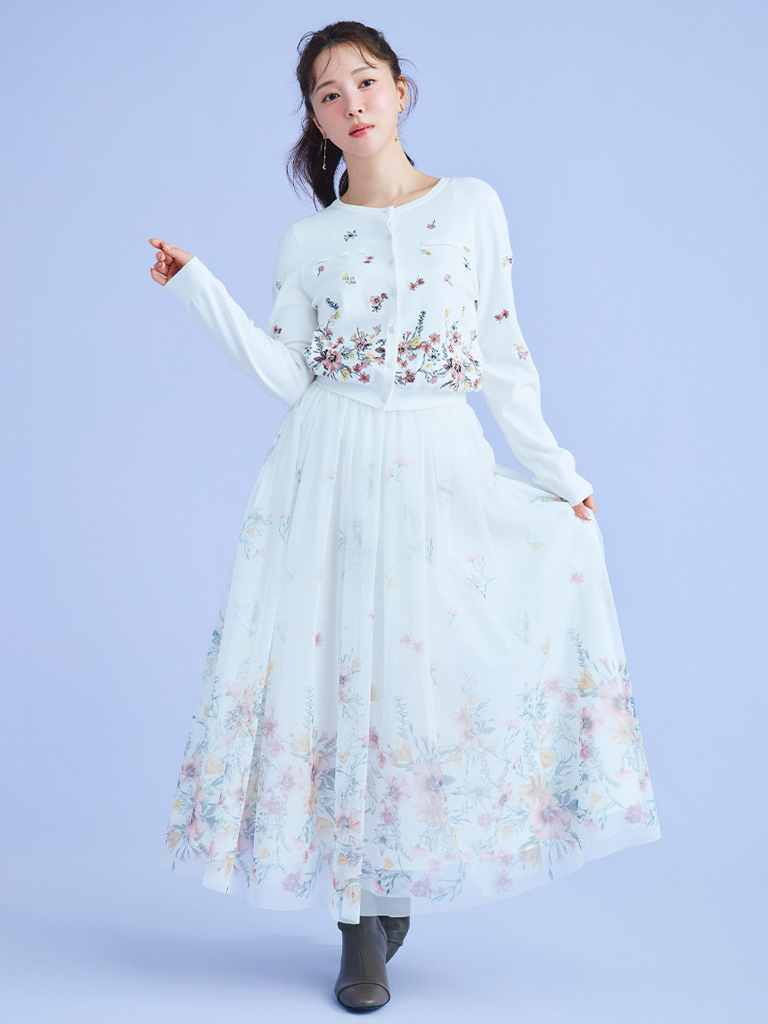 パネルフラワープリントチュールスカート(ロングスカート)｜SKIRT