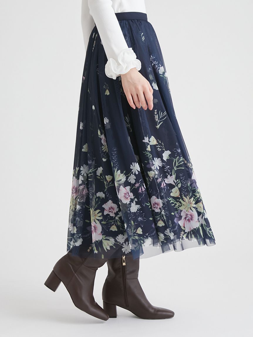 パネルフラワープリントチュールスカート(ロングスカート)｜SKIRT