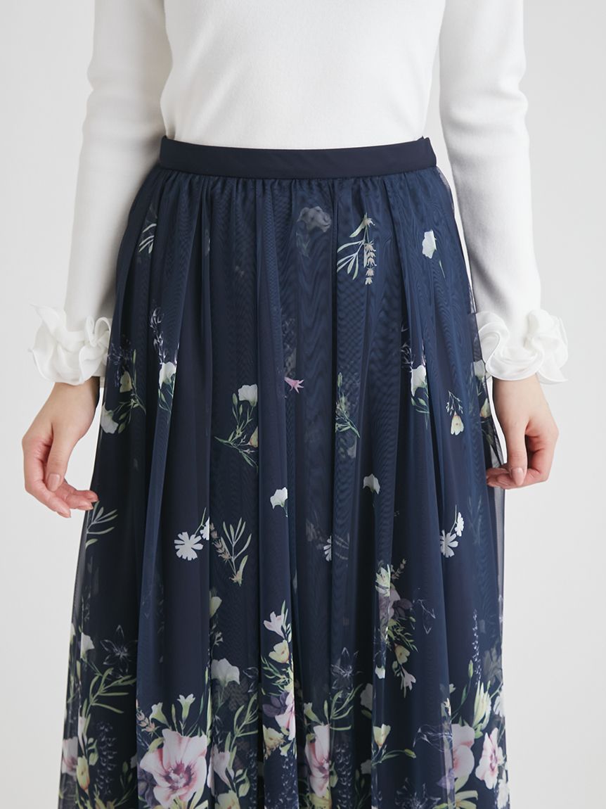パネルフラワープリントチュールスカート(ロングスカート)｜SKIRT
