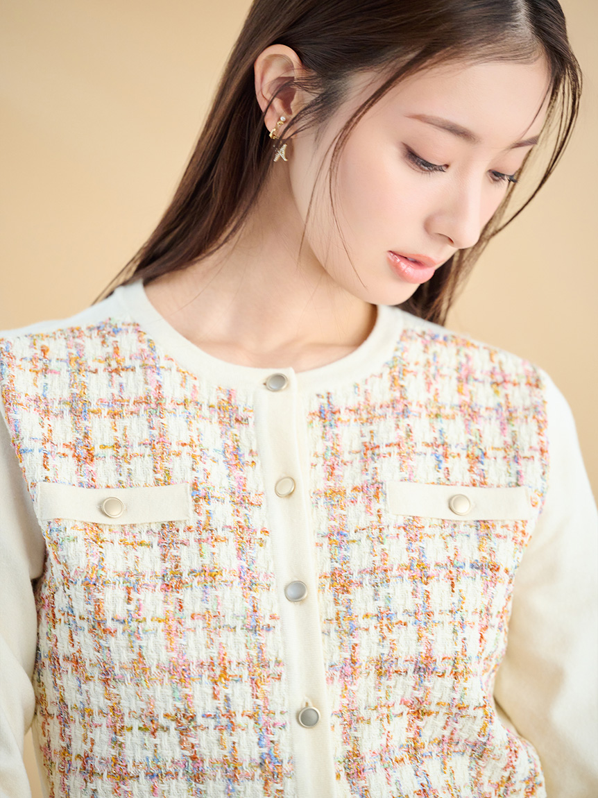 【新品タグ付】CELFORD ツイードドッキングニットカーディガン 36 ツィードドッキングニットカーディガン(カーディガン)｜TOPS