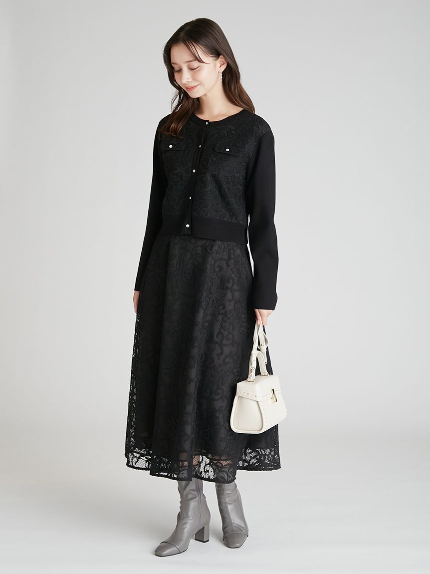 セットアップ対応】チュール刺繍ドッキングカーディガン(ニットプル