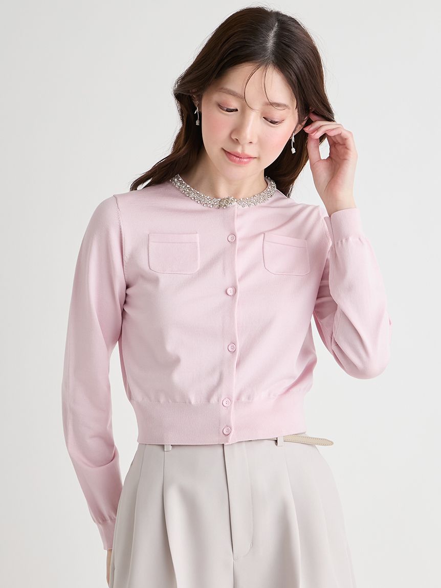 UVカット】シルクブレンドビジューネックカーディガン(ニットプル