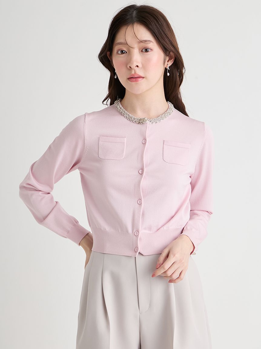 UVカット】シルクブレンドビジューネックカーディガン(ニットプル