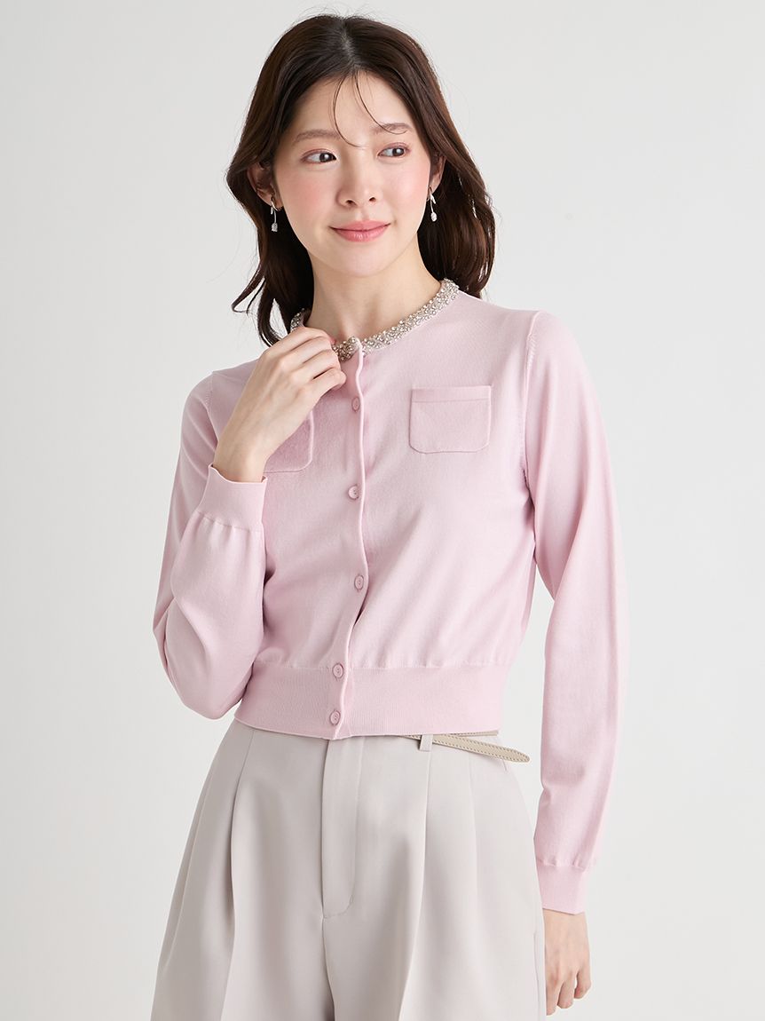 UVカット】シルクブレンドビジューネックカーディガン(ニットプル