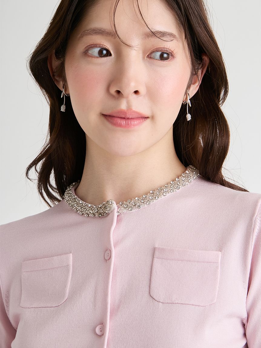 UVカット】シルクブレンドビジューネックカーディガン(ニットプル